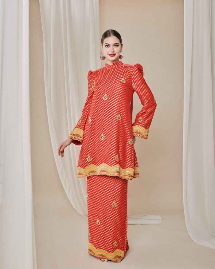 ANJALI SAREE KURUNG IN MANDARIN RED